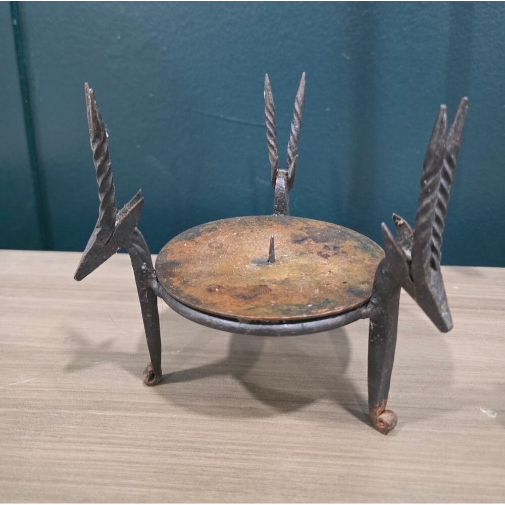 Vintage Antelope Gazelle Design Forged Iron Rusted Pillar Candle Holder